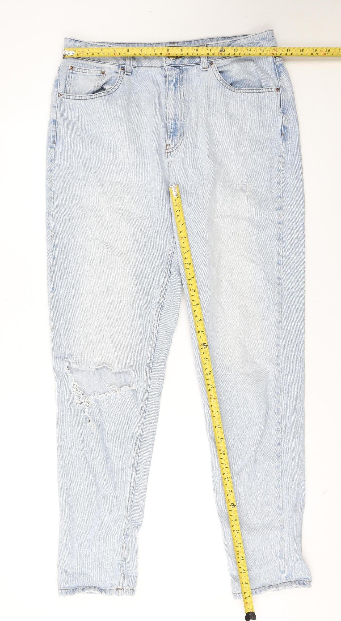 Topshop Women’s Blue Light Wash Distressed Mom Jeans Size 14