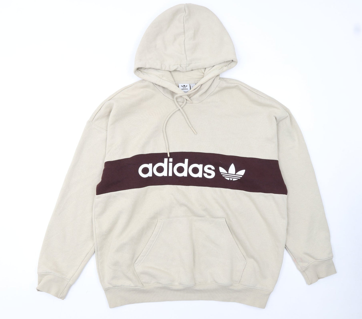 Adidas Women Beige Hooded Pullover Sweatshirt L 16-18 Logo Design