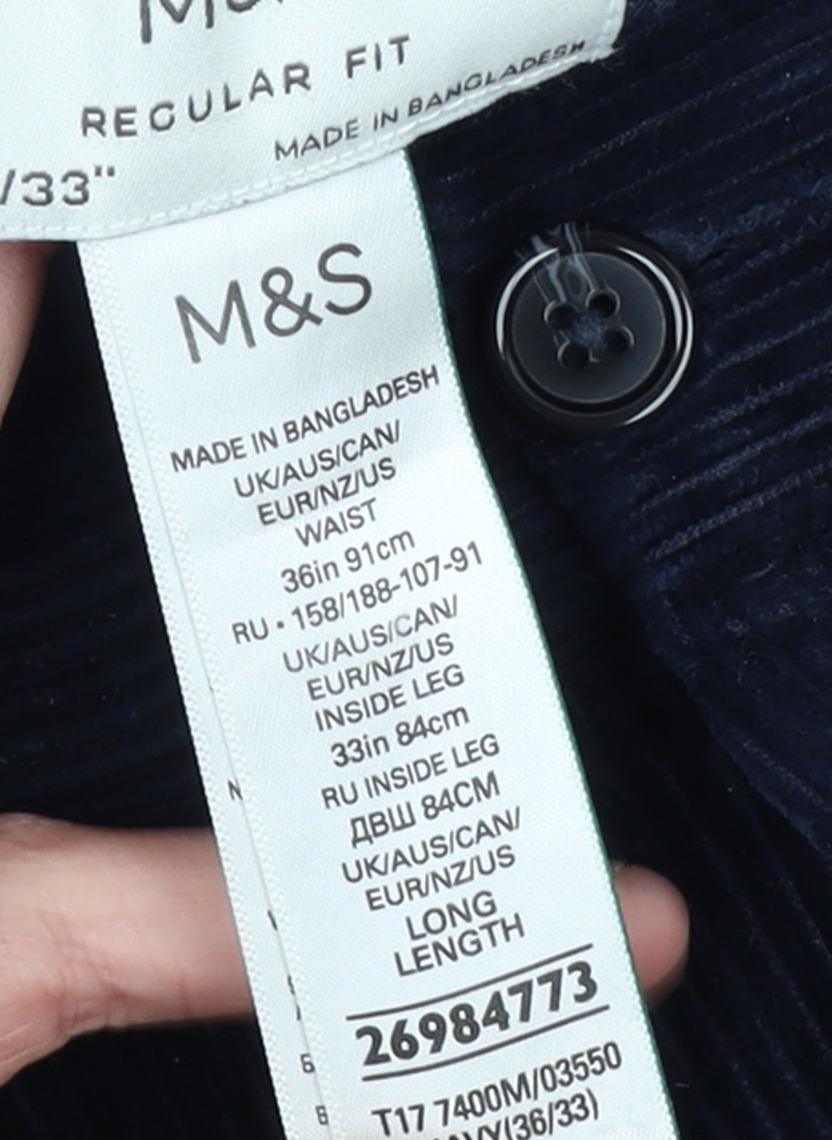 Marks and Spencer Men's Blue Corduroy Regular Fit Trousers 36W 33L
