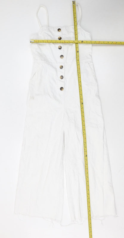Topshop Women’s White Linen Blend Button Front Wide-Leg Jumpsuit UK 8