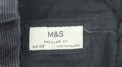 Marks and Spencer Men's Grey Corduroy Regular Fit Trousers 34W 29L