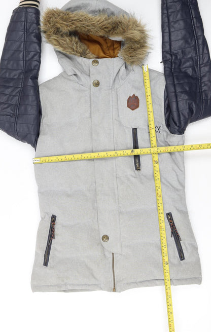 Picture Women's Grey Faux Leather Sleeve Hooded Puffer Jacket M