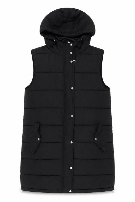 M&Co Women's Black Puffer Hooded Long Waistcoat Size 14
