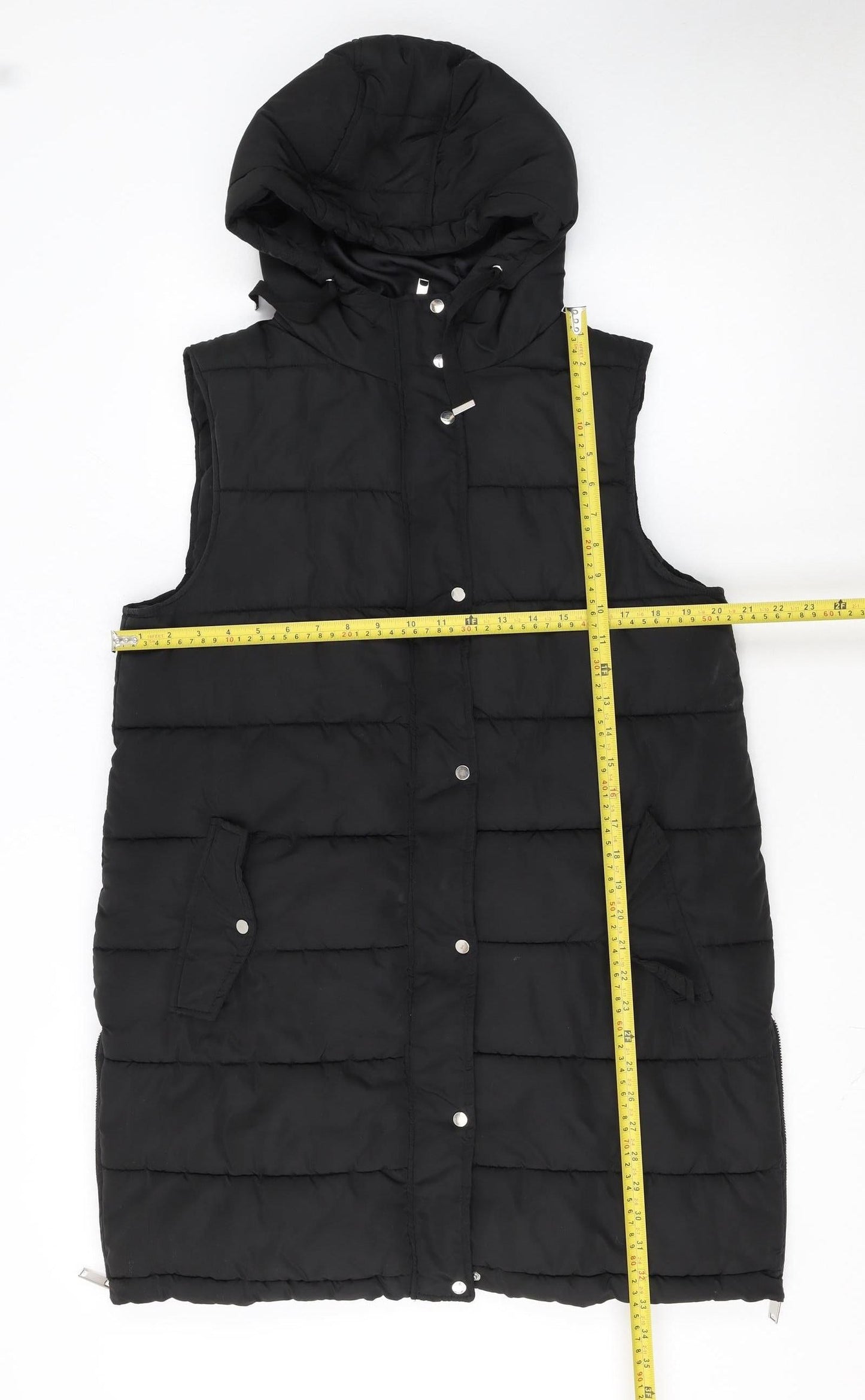 M&Co Women's Black Puffer Hooded Long Waistcoat Size 14