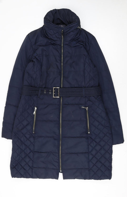 Marks and Spencer Women's Blue Quilted Belted Mid-Length Puffer Coat Size M