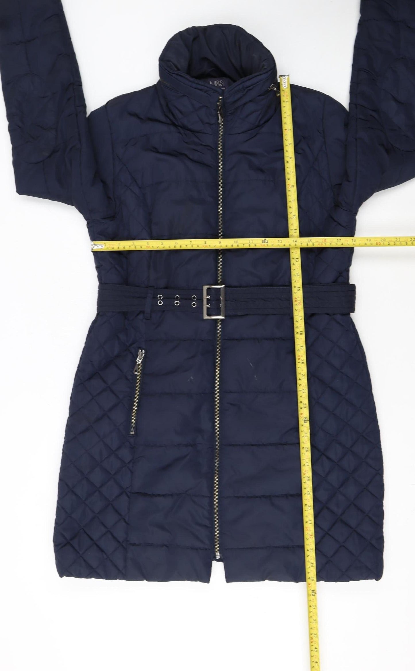 Marks and Spencer Women's Blue Quilted Belted Mid-Length Puffer Coat Size M
