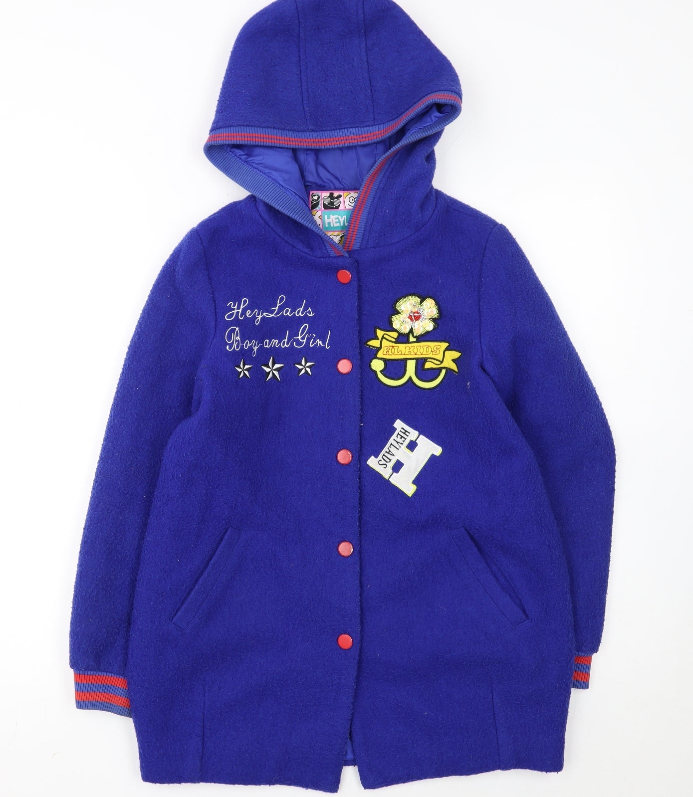 Heylads Girls Blue Wool Blend Hooded Parka Coat Size 146 Embroidered