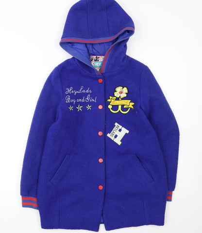 Heylads Girls Blue Wool Blend Hooded Parka Coat Size 146 Embroidered