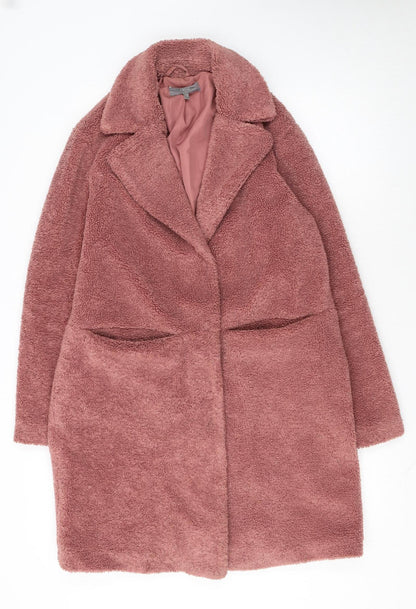 Next Women’s Pink Teddy Overcoat Size 12 Lined Mid-Length Polyester