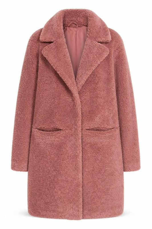 Next Women’s Pink Teddy Overcoat Size 12 Lined Mid-Length Polyester