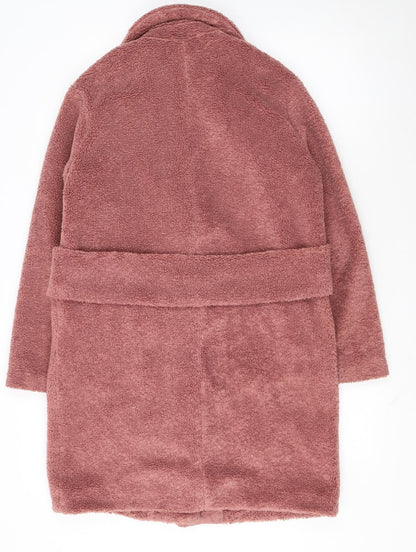 Next Women’s Pink Teddy Overcoat Size 12 Lined Mid-Length Polyester