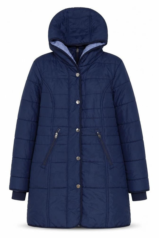 Cotton Traders Women's Blue Size 10 Long Hooded Quilted Puffer Coat