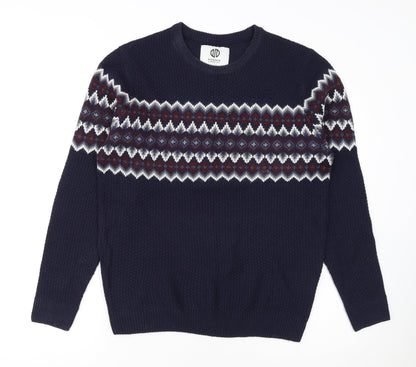 Nordam Men's Blue Fair Isle Knit Crew Neck Jumper Size M