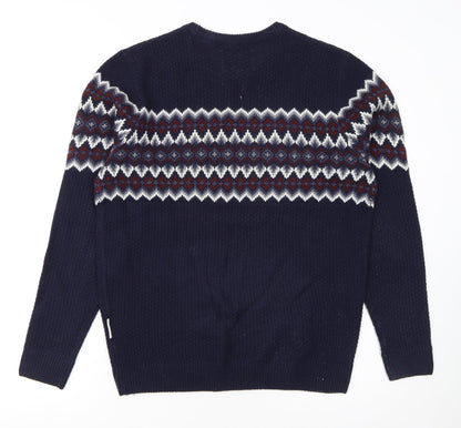 Nordam Men's Blue Fair Isle Knit Crew Neck Jumper Size M