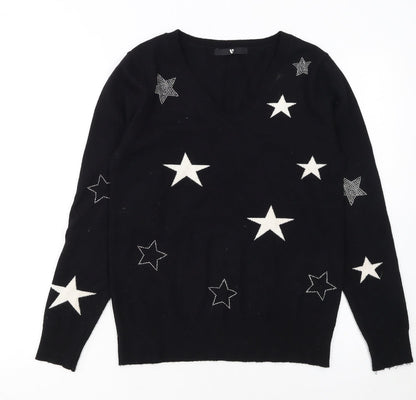 Very Women Black Star Embellished V-Neck Long Sleeve Jumper Size 8