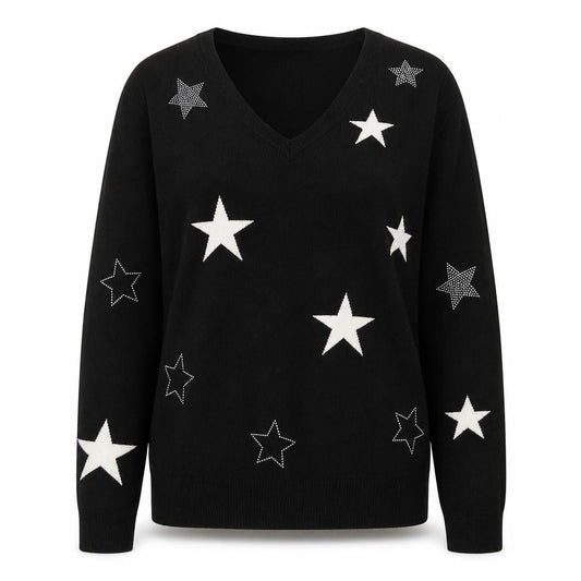 Very Women Black Star Embellished V-Neck Long Sleeve Jumper Size 8