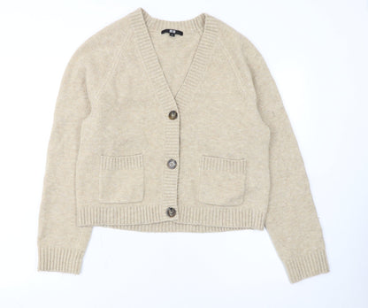Uniqlo Women Beige V-Neck Knit Cardigan XS Wool Blend