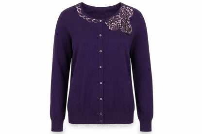 Paramour Women Purple Sequin Crew Neck Knit Cardigan M