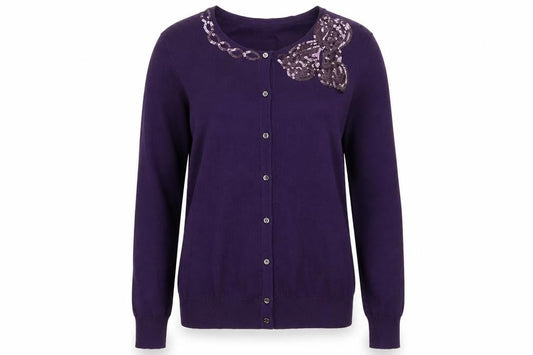 Paramour Women Purple Sequin Crew Neck Knit Cardigan M