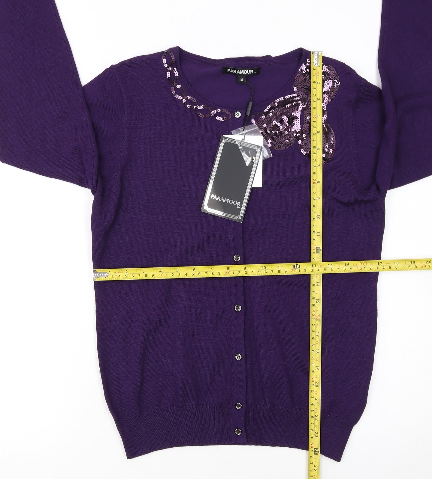 Paramour Women Purple Sequin Crew Neck Knit Cardigan M