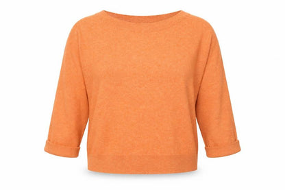 ICHI Women Orange Pullover Jumper M Boat Neck 3/4 Sleeve Knit