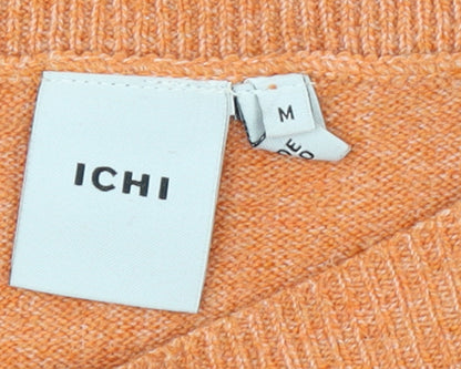 ICHI Women Orange Pullover Jumper M Boat Neck 3/4 Sleeve Knit