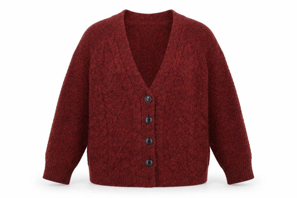 Topshop Women Red Size 8 Chunky Knit Wool Blend V-Neck Cardigan