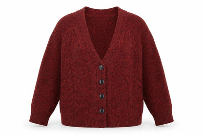 Topshop Women Red Size 8 Chunky Knit Wool Blend V-Neck Cardigan