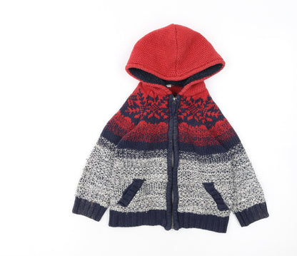 FatFace Boys Red Blue Fair Isle Hooded Full Zip Cardigan 2-3 Years Winter Knit
