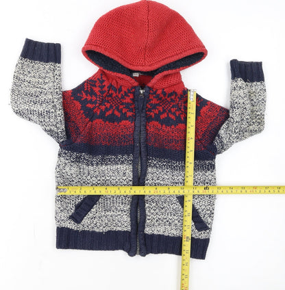 FatFace Boys Red Blue Fair Isle Hooded Full Zip Cardigan 2-3 Years Winter Knit