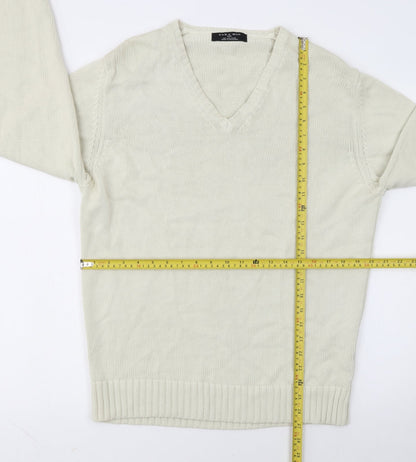 Zara Man Ivory Cotton V-Neck Pullover Jumper L Mens Knitwear