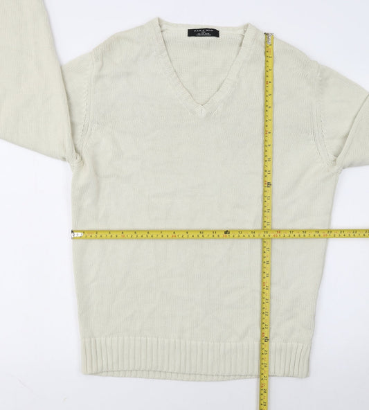 Zara Man Ivory Cotton V-Neck Pullover Jumper L Mens Knitwear