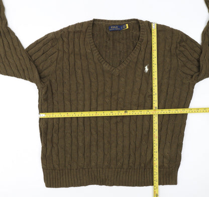 Ralph Lauren Women Brown Cotton Cable-Knit V-Neck Jumper L
