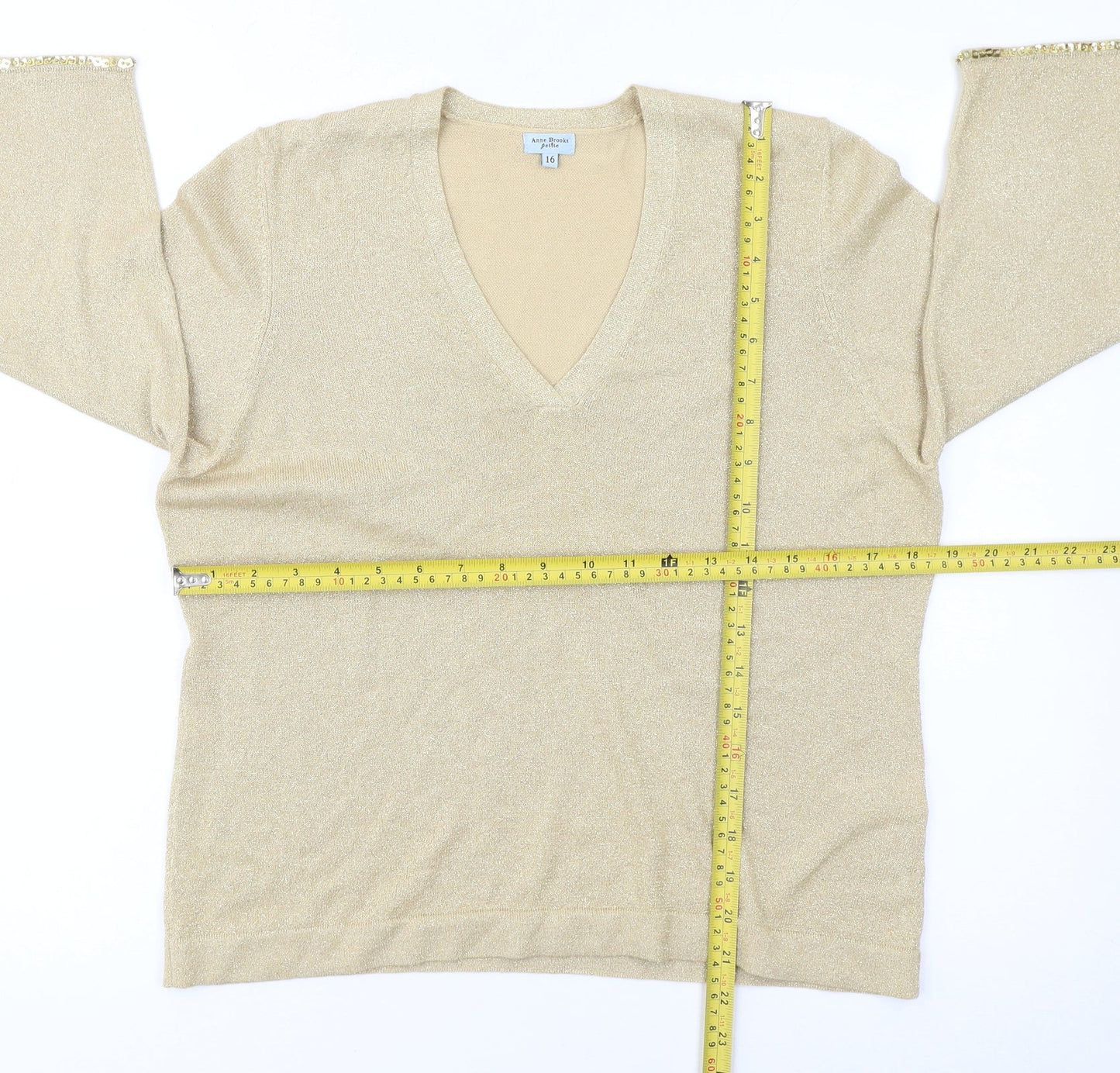 Anne Brooks Womens Beige Petite Size 16 Sequin V-Neck Jumper