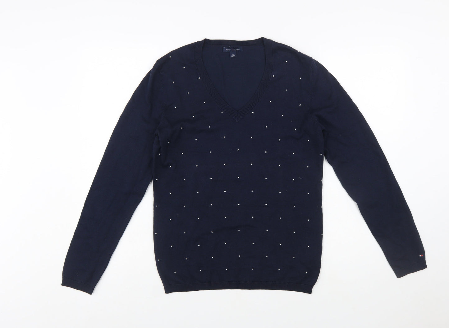 Tommy Hilfiger Women's Blue V-Neck Embellished Cotton Jumper Size M