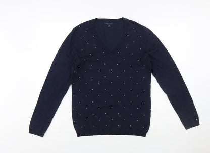 Tommy Hilfiger Women's Blue V-Neck Embellished Cotton Jumper Size M