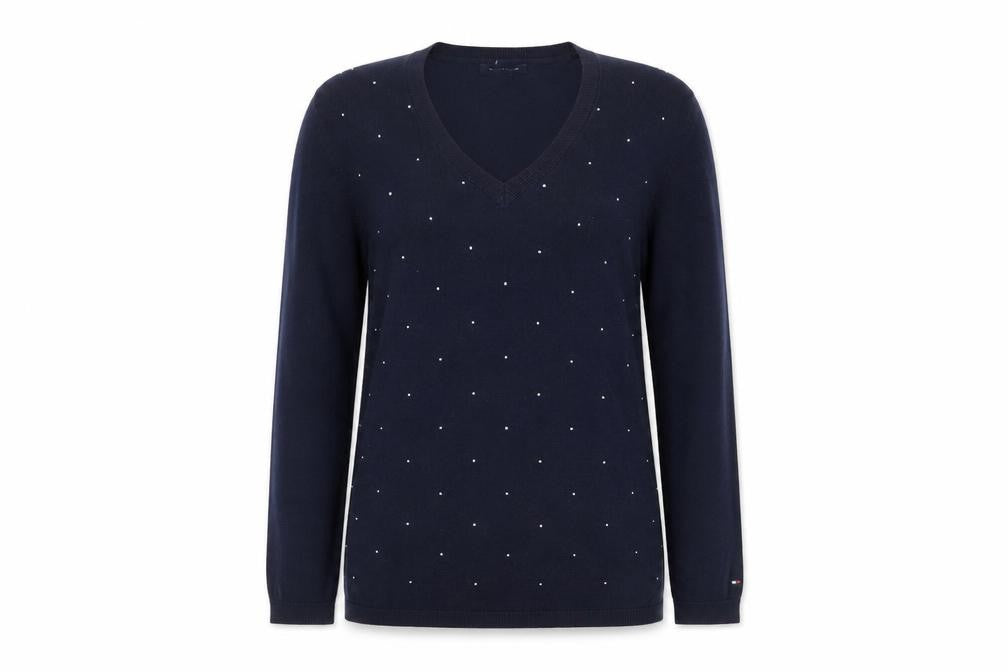 Tommy Hilfiger Women's Blue V-Neck Embellished Cotton Jumper Size M