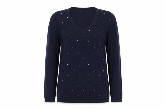 Tommy Hilfiger Women's Blue V-Neck Embellished Cotton Jumper Size M