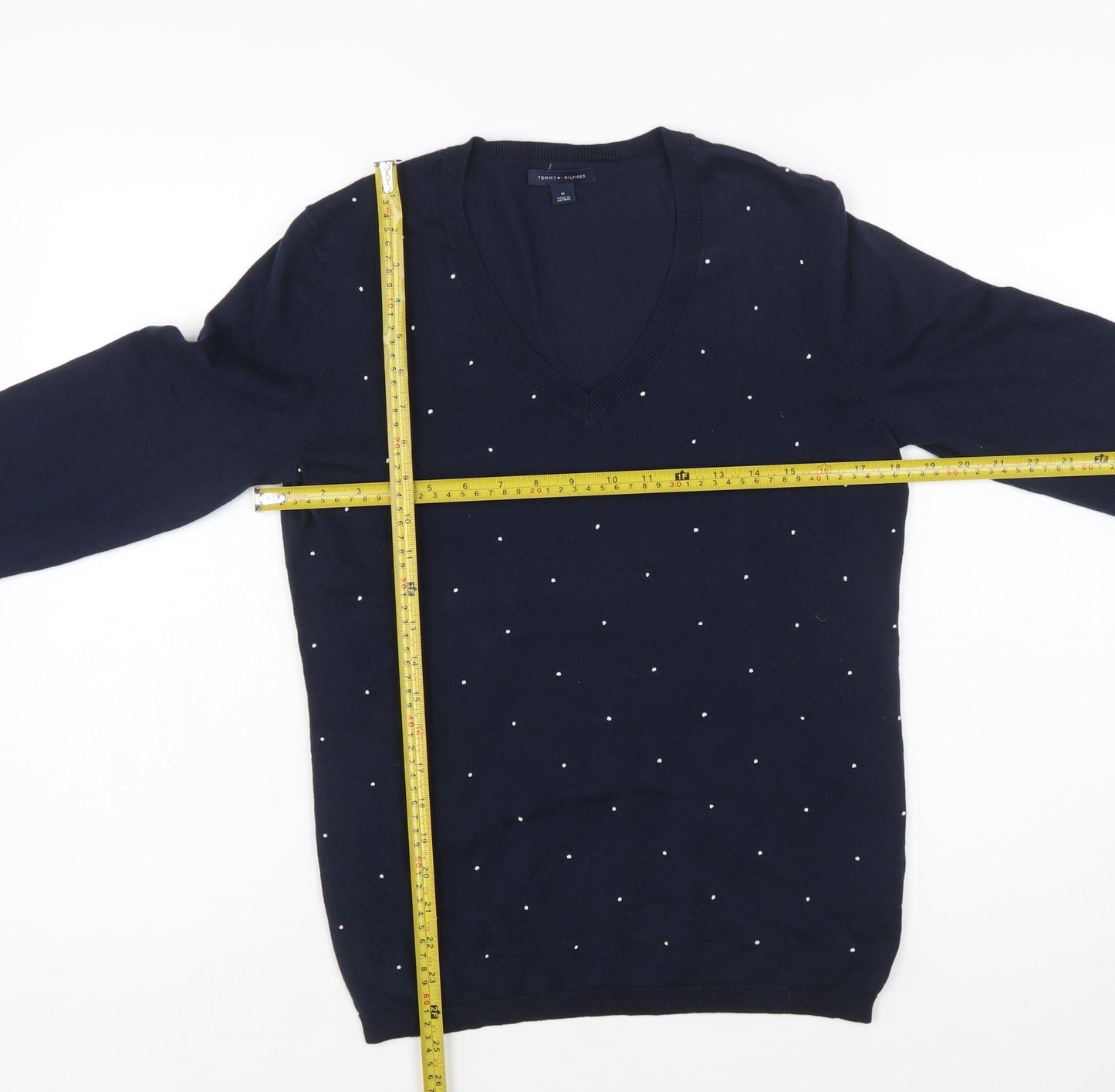 Tommy Hilfiger Women's Blue V-Neck Embellished Cotton Jumper Size M