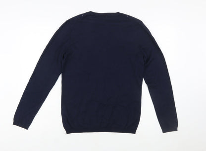 Tommy Hilfiger Women's Blue V-Neck Embellished Cotton Jumper Size M