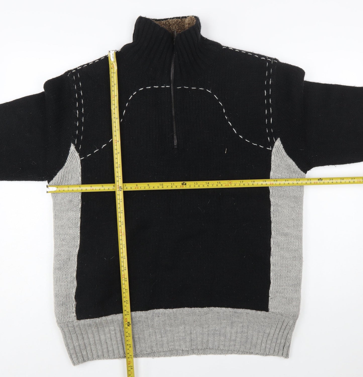 French Connection Men's Black Grey Wool 1/2 Zip Jumper L