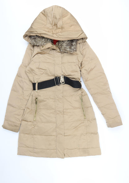 Mango Women Beige Belted Hooded Long Puffer Coat Size S