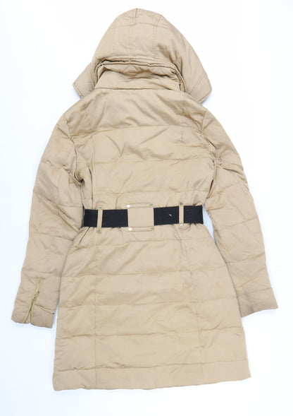 Mango Women Beige Belted Hooded Long Puffer Coat Size S