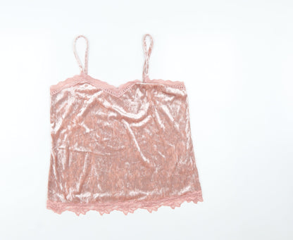 Cupio Women Pink Velvet Lace Trim Camisole Tank Top L