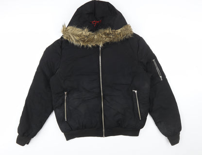 Couture Men’s Black Faux Fur Hooded Bomber Jacket Size L