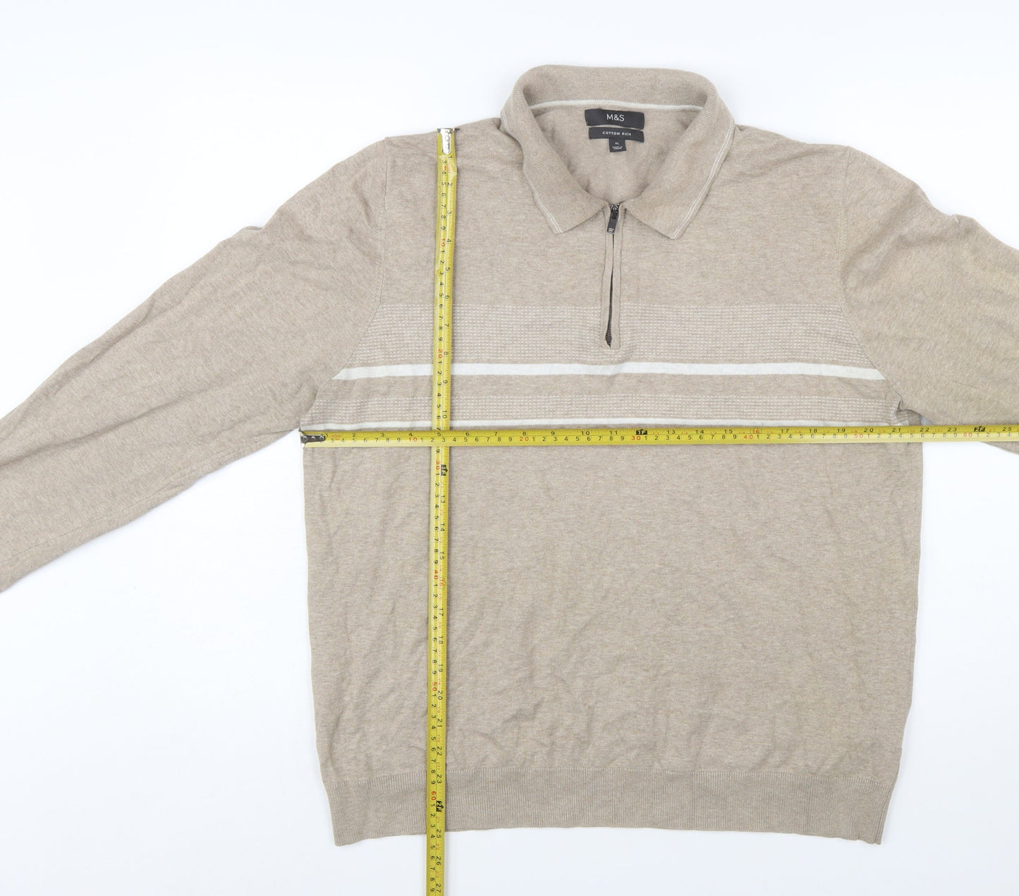 Marks and Spencer Men’s Beige Cotton 1/2 Zip Collared Jumper XL