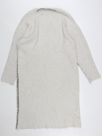Zara Women Beige Knit Jumper Dress Size S Crew Neck Long Sleeve