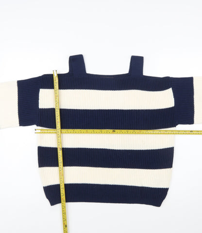 Marks and Spencer Women's Blue Striped Cotton Pullover Jumper Size L