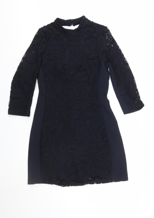 H&M Women Black Lace Sheath 3/4 Sleeve Knee Length Dress Size 10