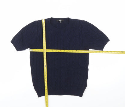 Uniqlo Women's Blue Cable-Knit Short Sleeve Cotton Blend Jumper Size S